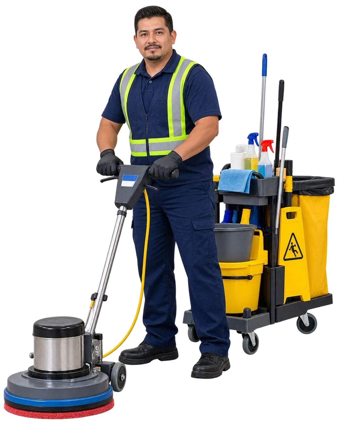 Operador de limpieza con pulidora industrial y equipo de mantenimiento