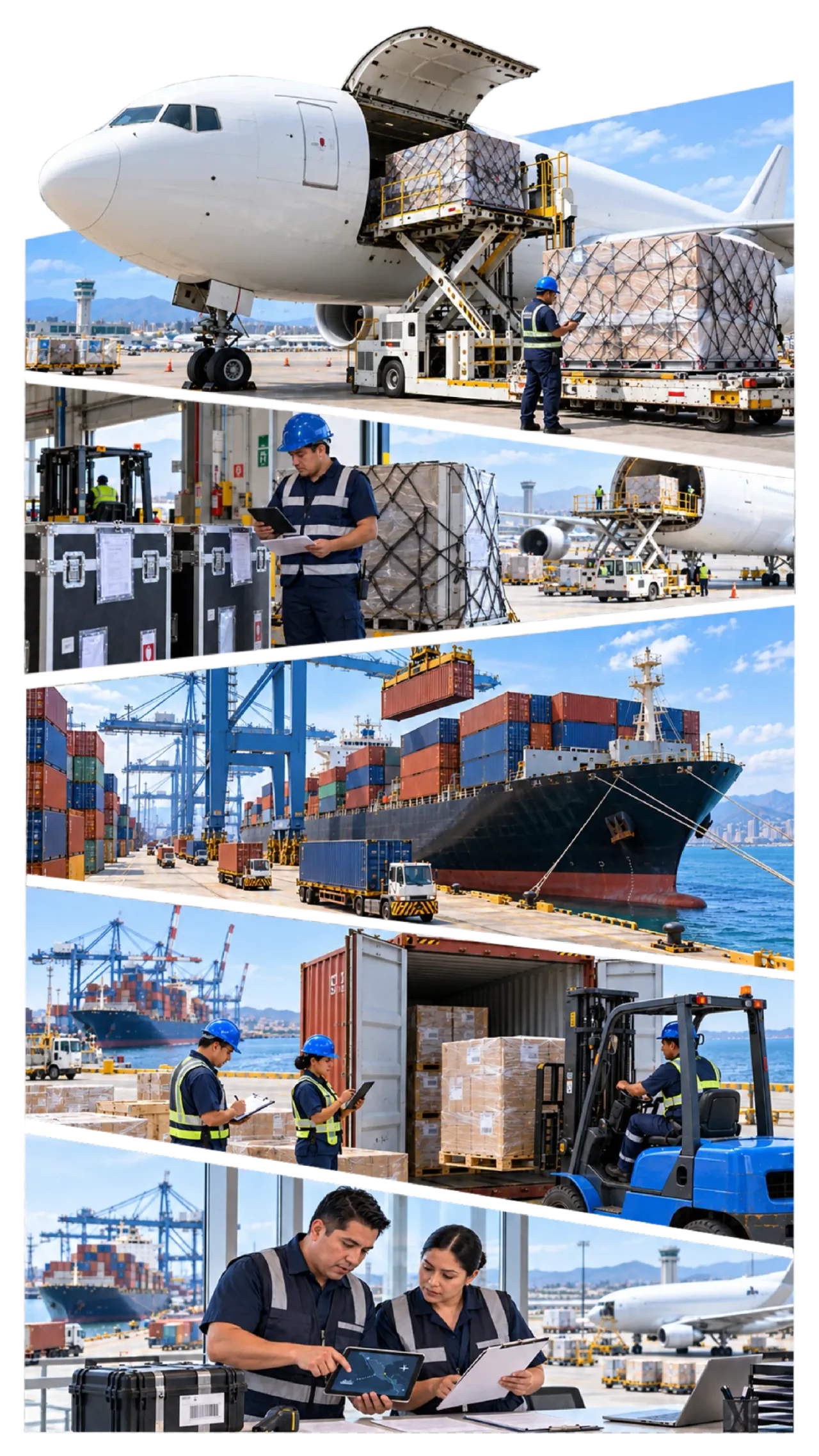 Operaciones de carga aérea, transporte marítimo y manejo de mercancías