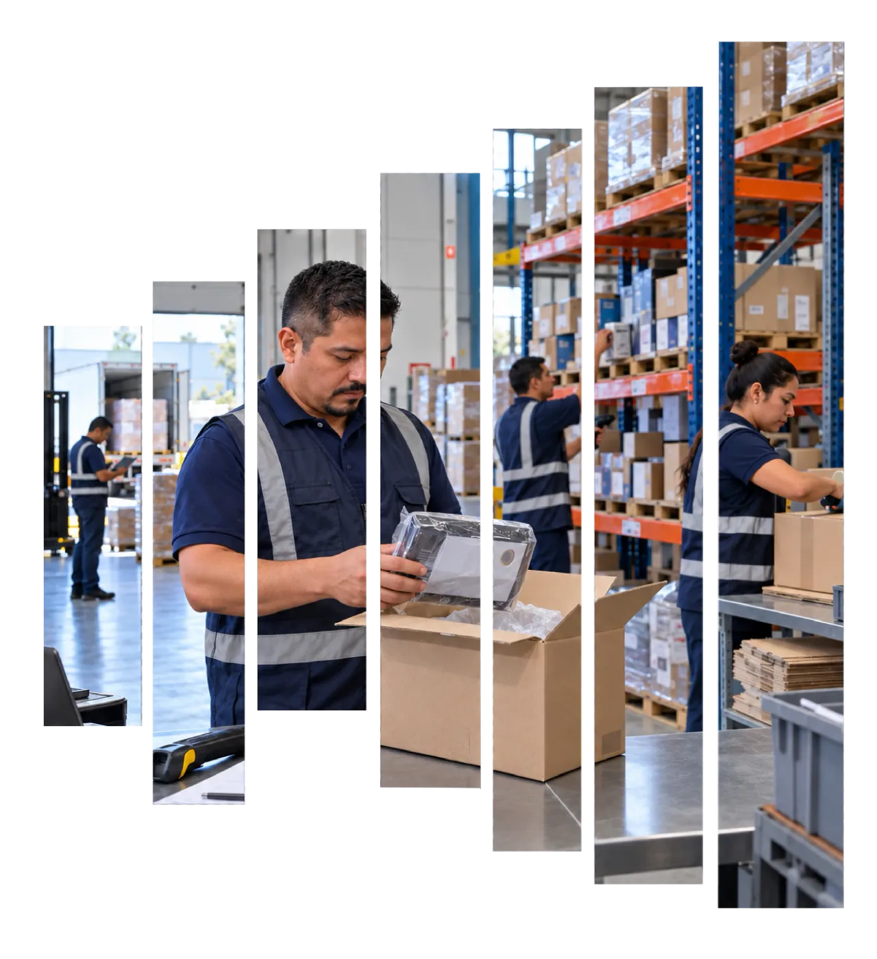 Personal de almacén revisando mercancía e inventario entre estanterías